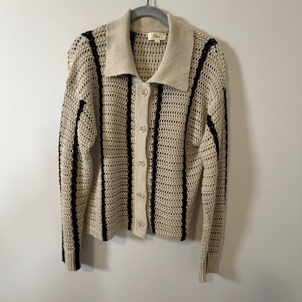 Elan Open Knit Cardigan Sweater Beige Black Striped Button Front M Coastal Layer
